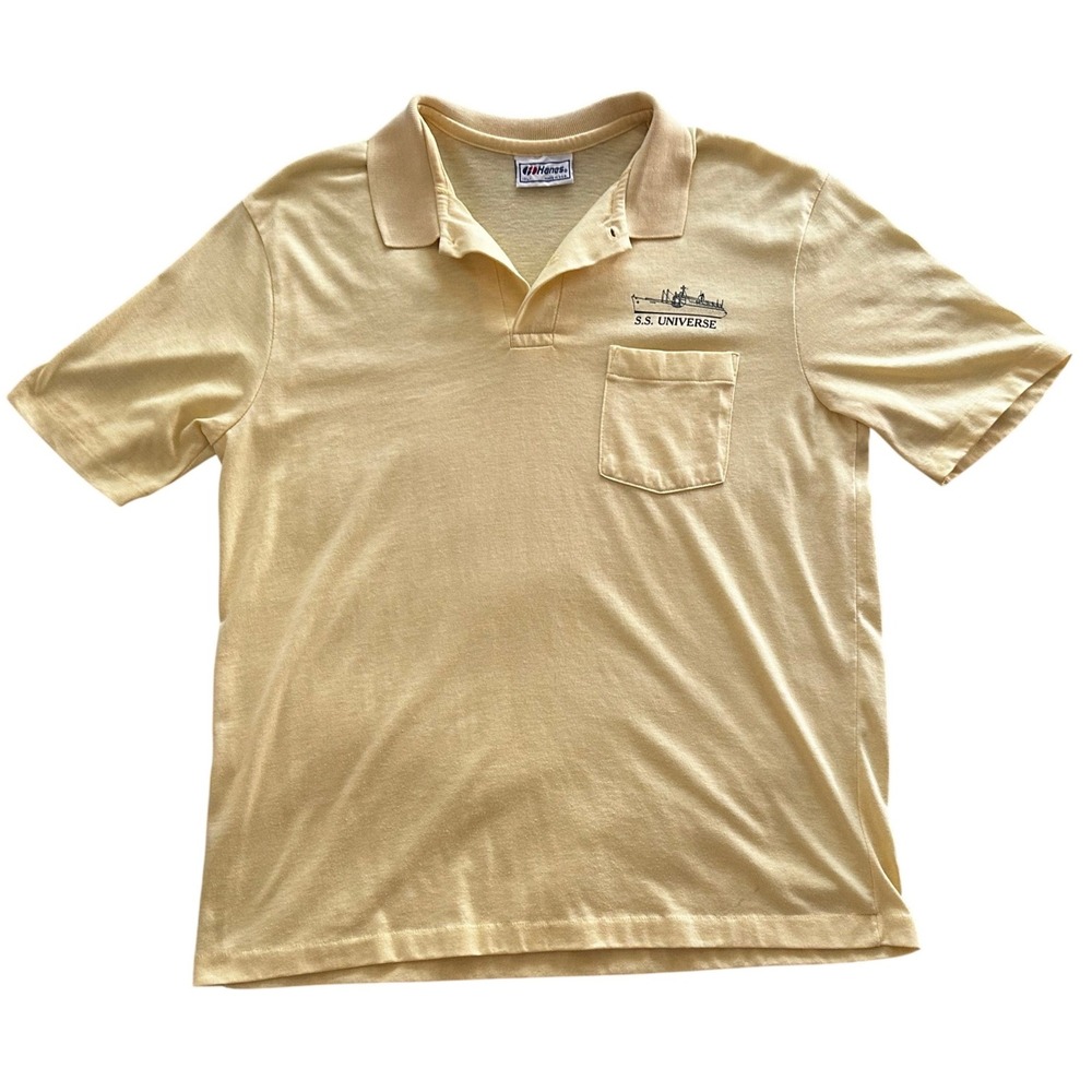 Vintage Hanes SS Universe Ship Pocket Polo Shirt XL Yellow Made in USA 80s